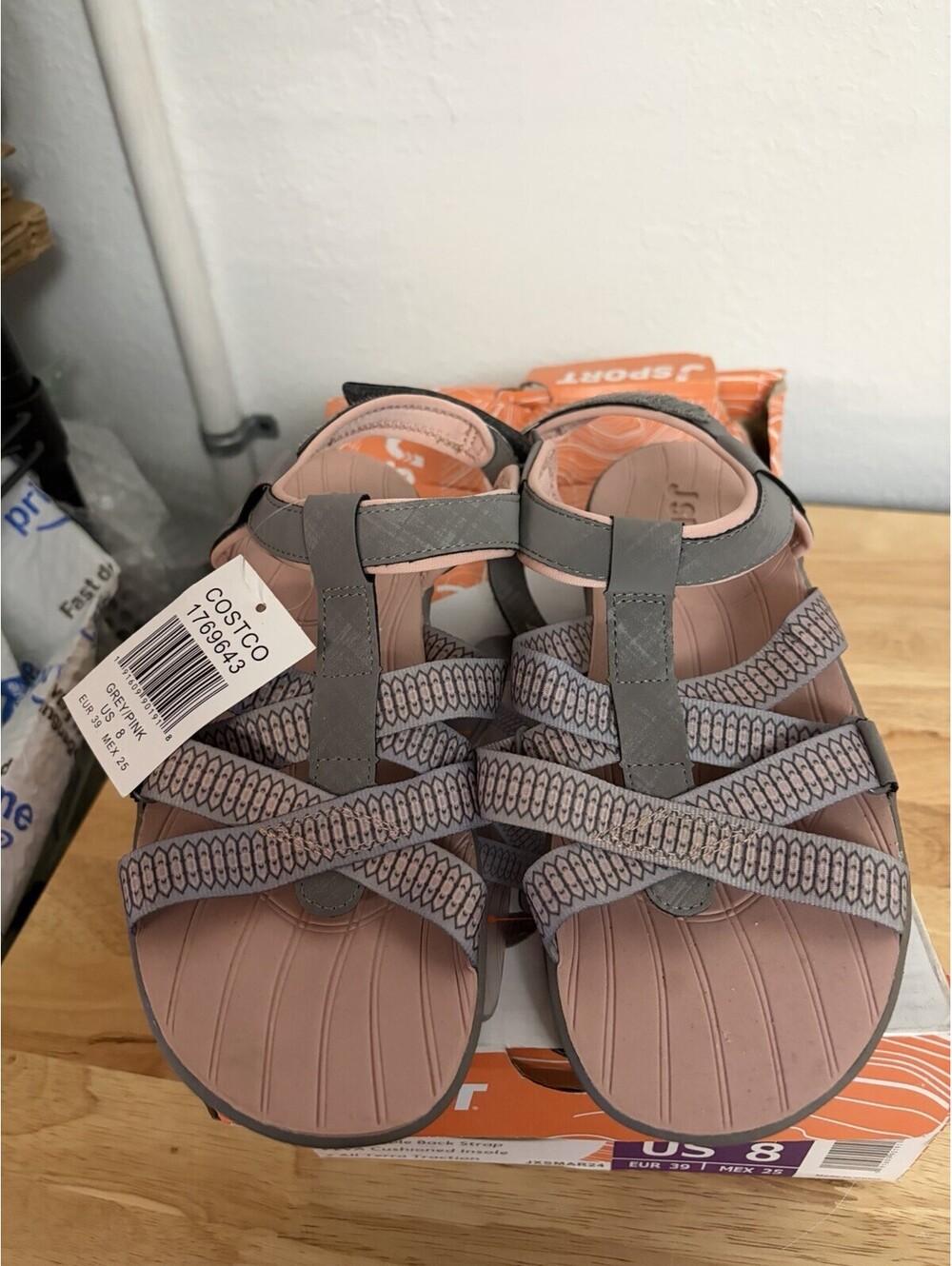 JSport Kaia Sport Sandals Grey/Pink Adjustable Straps NIB - Size 8